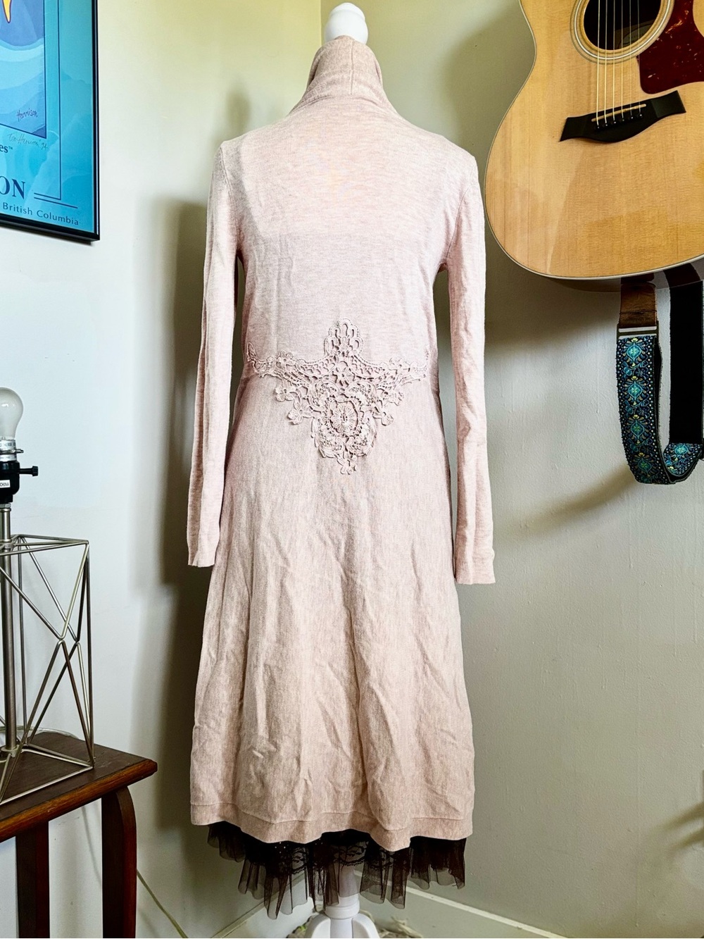 Together Blush Pink Long Sleeve Midi Cardigan with Lace Waist Appliqué